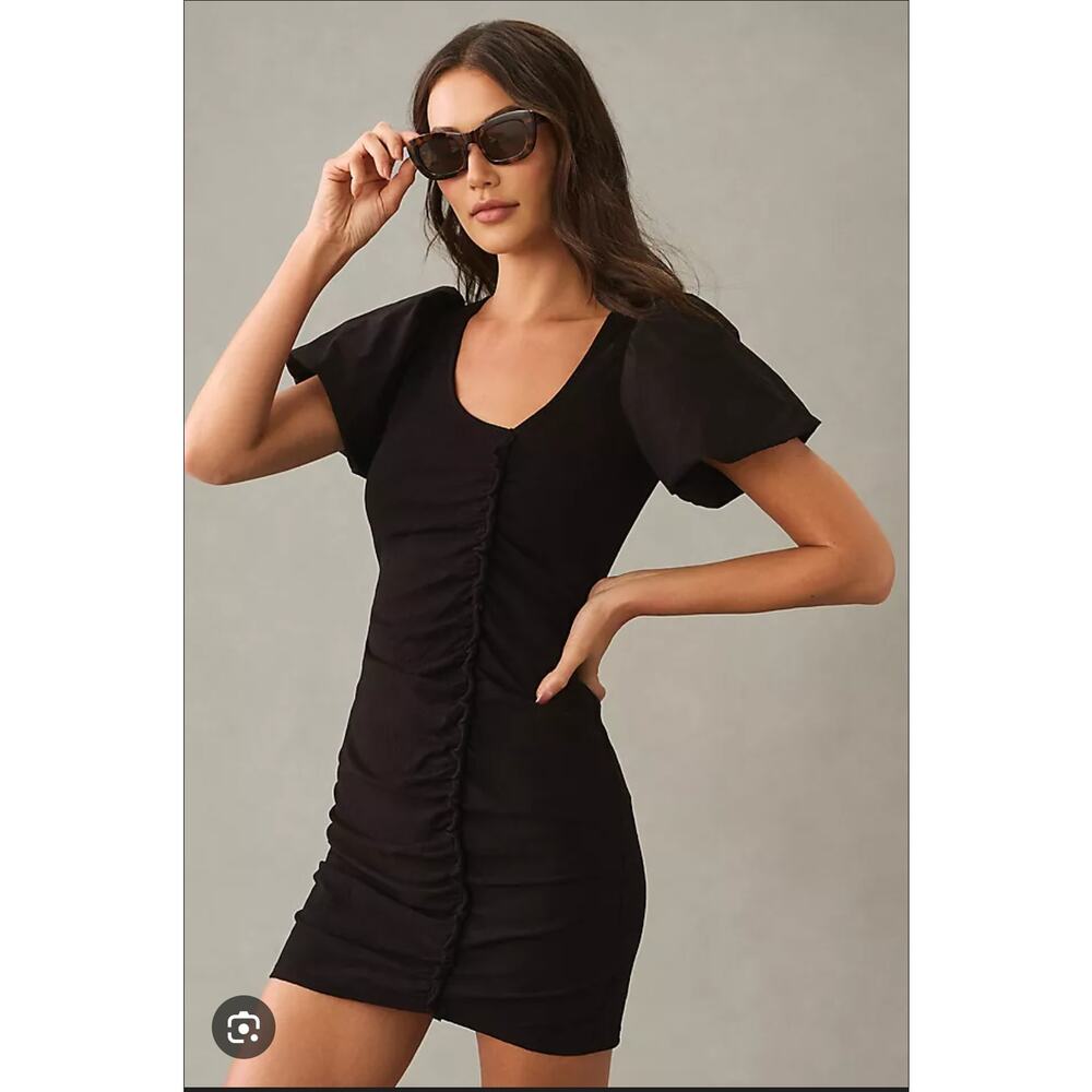 Nation LTD Puff Sleeve Dress Size Large Black Ruched Cotton Mini Minimalist